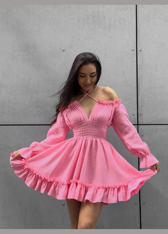 Персикова кежуал пишна міні сукня з мусліну кльош, з пишною спідницею Adelante однотонна