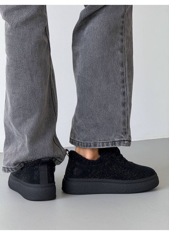 Чорні жіночі зимові кеди чорні, натуральна замша, хутро teddy, з камінцями No Brand
