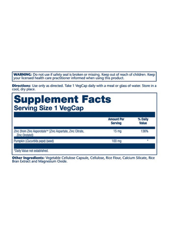 Цинк для иммунной системы Zinc Asporotate 15мг 100 капсул вегетарианских Solaray (367957484)