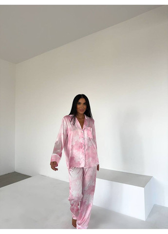 Рожева сатиновая пижама с принтом, l сорочка + брюки No Brand