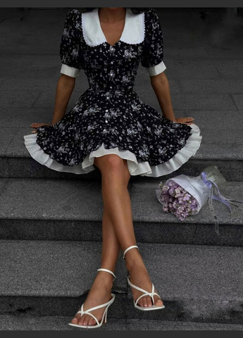 Черное повседневный платье женское Гермес с цветочным принтом