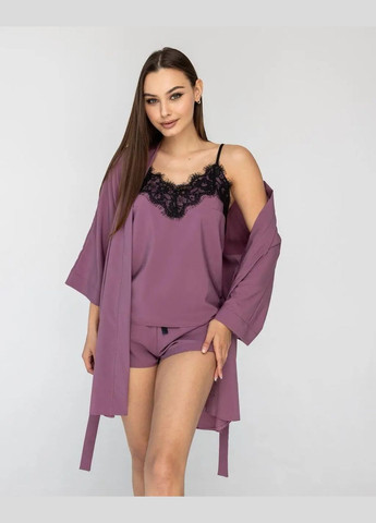 Лиловый демисезонный комплект пижама женская с кружевом 3в1 халат и пижама с майкой, шортами Україна