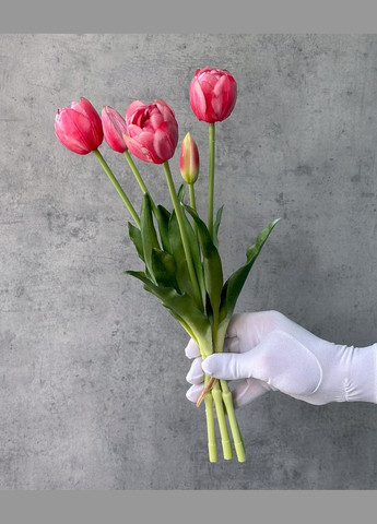 Штучні тюльпани латексні махрові, букет 5 квіток яскраво-рожевий Real Touch HVOYA (323654279)