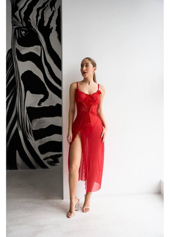 Пеньюар довгий + трусики, мереживо, розріз спереду / Комплект: червоний довгий пеньюар та трусики, прозорий, святковий, е No Brand (366571639)