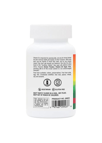 Вітамін D3 для дітей Animal Parade Vitamin D3 500 IU Sugar-Free, 90 жувальних таблеток без доданого цукру - Вишня Natures Plus (333991063)