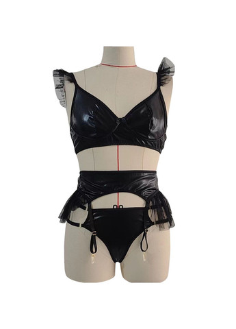 Черный демисезонный комплект ада эко кожа эротическое бельё No Brand