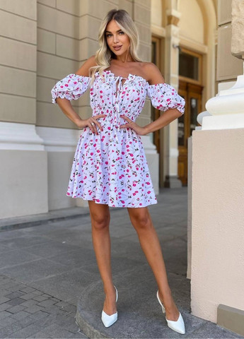 Рожева повсякденний сукня міні з коротким рукавом ліхтарик на гумці з спідницею-сонце Україна з квітковим принтом