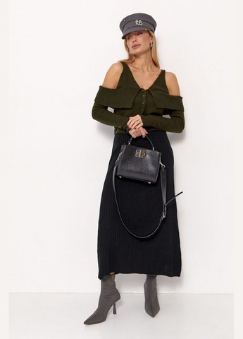 Темно-зеленый зимний женский вязаный пуловер с открытыми плечами 6118 пуловер Lurex