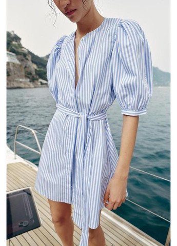 Голубое полосатое поплиновое платье zw collection Zara