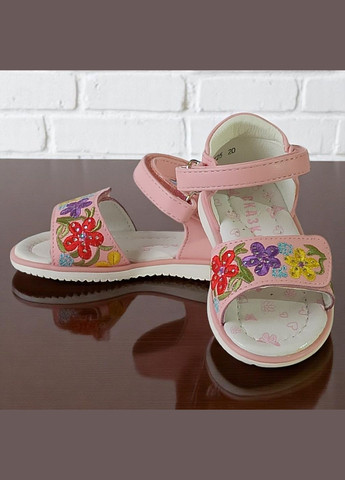 Розовые ортопедические босоножки открытые для девочки сандалии на липучках Сказка со стразами, с вышивкой