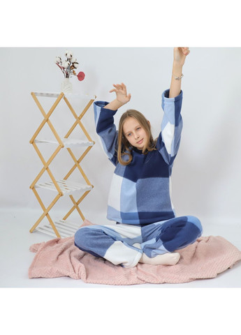 Голубая зимняя детская теплая флисовая пижама в синюю клеточку кофта + брюки No Brand