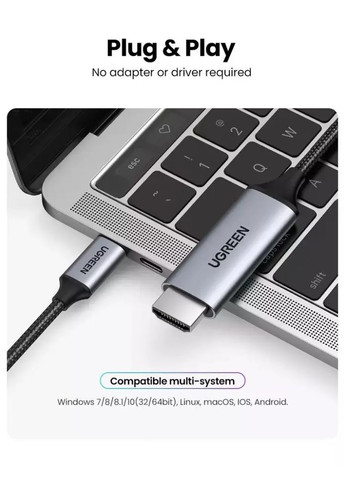 Кабель USB Type-C to HDMI 4K MM142 1м Перехідник Ultra HD (4K@60Hz; 1080P@144Hz) Aluminium Black (25155) Ugreen (341325803)