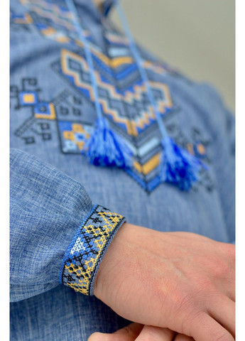 Синяя мужская вышиванка в цвете джинс. узор орнамент прямой, свободная габардин (353390246)