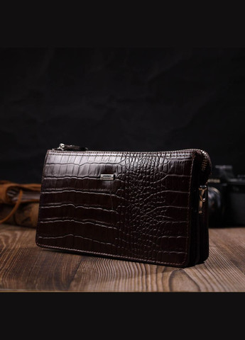 Вместительный мужской клатч на два отделения из натуральной кожи с тиснением под крокодила 22046 Коричневый Bond (331910008)