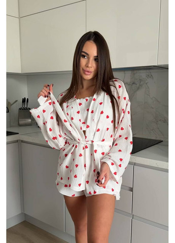 Белая пижама женская тройка шорты, топ и халат No Brand