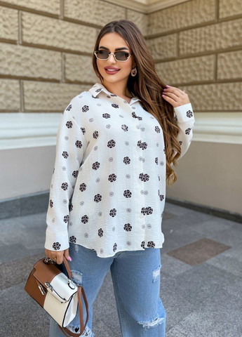 Молочная повседневный, кэжуал рубашка с цветами No Brand с длинным рукавом