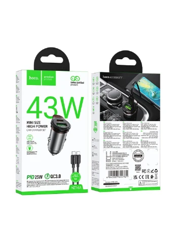 Автомобільний зарядний пристрій NZ16A Rigorous 43W dual port PD25W+QC3.0 car charger set(C to C) Metal Grey Hoco (388529612)
