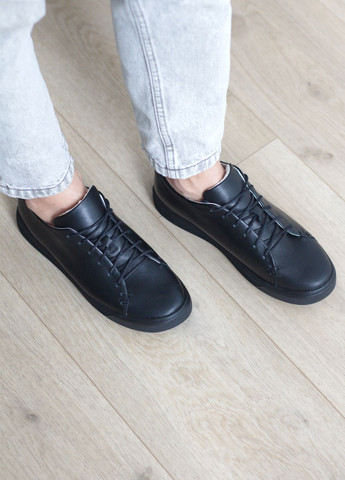 Чорні кеди жіночі класичні з натуральної чорної шкірі на чорній підошві . Zlett 3526