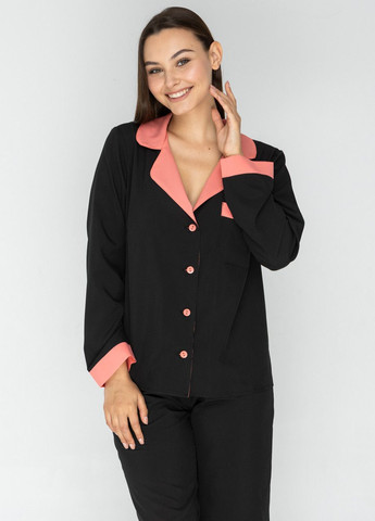 Коралловая всесезон пижама женская рубашка с длинным рукавом и брюки (теракотовий/черный) рубашка + брюки GorLin