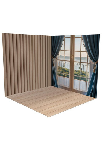 Кутовий вініловий фотофон 3D, рейкова стіна, світла дерев’яна і бежева кам’яна підлога, 80×80 см, №58451 PhotoVinyl (354358034)