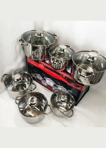 Набір каструль UN-5035 з нержавіючої сталі з товстим дном в 5 шарів з скляними склянками 6 предметів Unique (364665765)