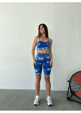 Фитнес женский костюм ПУШ АП мраморный / Женский спортивный комплект топ + велосипедки мрамор голубой No Brand (367102179)