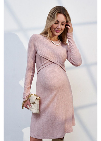 Пудрова сукня міді для вагітних та годуючих пудрова з теплого трикотажу Юла мама