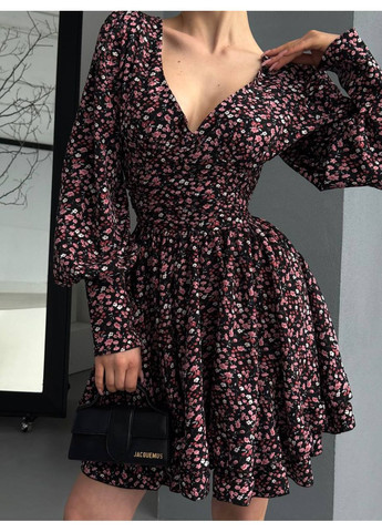 Черное повседневный цветочное мини-платье с длинными рукавами и глубоким вырезом Україна