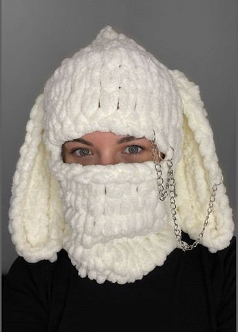 Alize в'язана балаклава шапка puffy білий, з вухами зайця та ланцюжком (140578) молочний виробництво - Україна