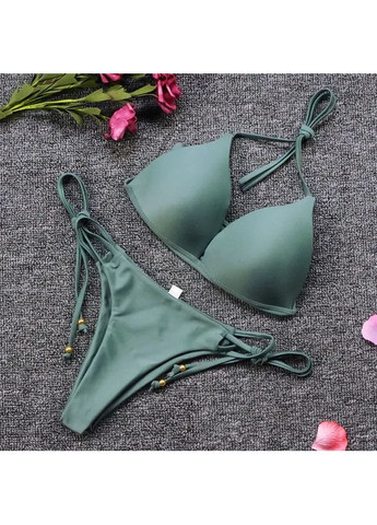 Оливковий (хакі) літній роздільний купальник із еластану з пушапом. роздільний купальник ззаду верх на зав'язках. China