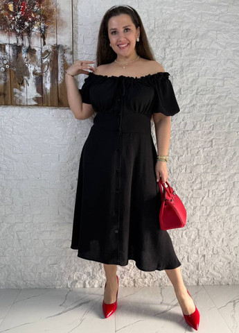 Чорна повсякденний вишукана легка літня повсякденна міді сукня на гудзиках з короткими рукавами ліхтарик Україна однотонна