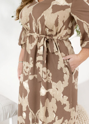 Бежевое праздничный, коктейльное, вечернее платье-макси с длинными рукавами колокол, а-силуэт No Brand с абстрактным узором