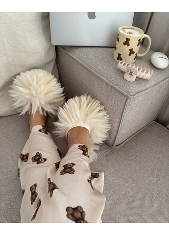 Молочная всесезон женская пижама с мишками рубашка + брюки No Brand