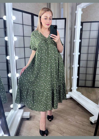 Оливкова (хакі) жіноча сукня великі розміри 50-52-54-56-58 штапель вільного крою хакі You Best