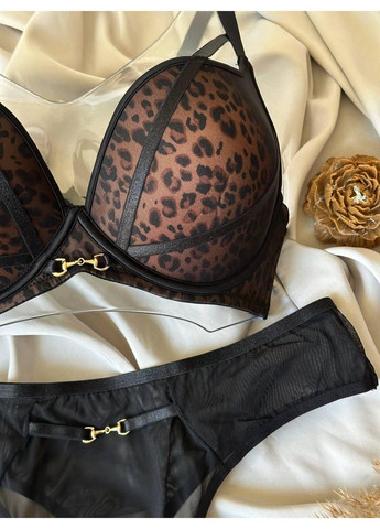 Коричневий комплект бюстгальтер поролон + прозорі стрінги леопардовий CHLX