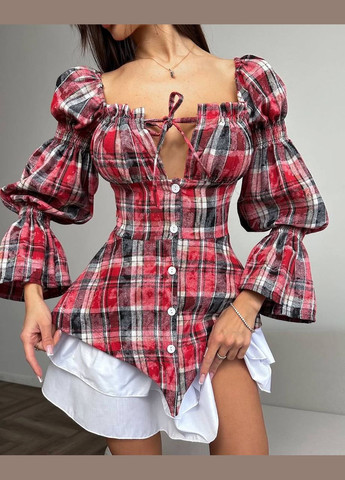 Бордова кежуал міні сукня з цікавим дизайном Adelante в клітинку