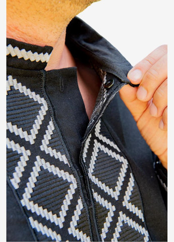 Чёрная мужская вышиванка черная с белым орнаментом Україна лен (322641028)