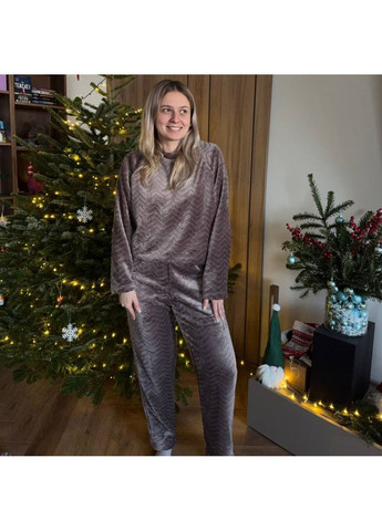 Светло-коричневая всесезон пижама (кофта+штаны) женская теплая велсофт р светло-коричневая kpv3 Ananasko