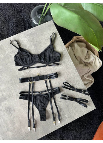 Чорний балконет комплект жіночої білизни | приваблюючий з поясом та гартерами, чорний Vital-Textile з кісточками поліестер, еластан