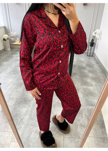 Червона всесезон жіноча піжама сорочка + брюки No Brand