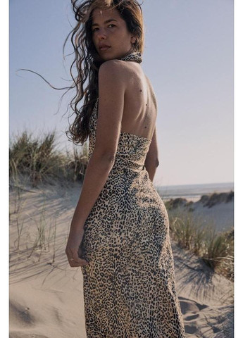 Коричнева сукня-сорочка з суміші льону з анімалістичним принтом. Zara