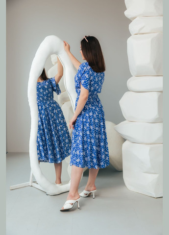 Светло-синее деловое, повседневный, пляжное, коктейльное masoli летнее платье клеш No Brand с цветочным принтом