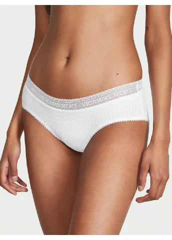 Трусики-хипстер женские Logo Cotton Lace-Waist Hiphugger Panty белые L Victoria's Secret (316551456)