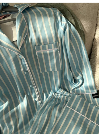 Голубая всесезон женская пижама | голубая полоска рубашка + брюки Vital-Textile 1263