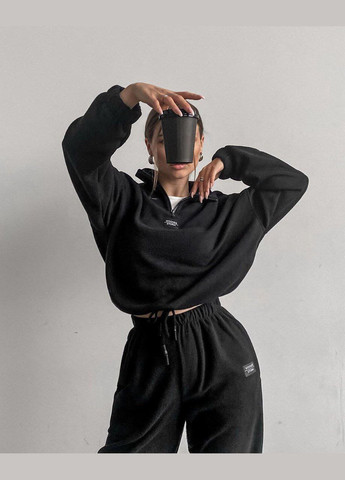 Теплый спортивный костюм флисовый оверсайз с молнией и затяжкой снизу черный You Best (303106986)