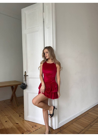 Красное вечернее платье мини из бархата красного цвета 35873 клеш Fashion однотонное