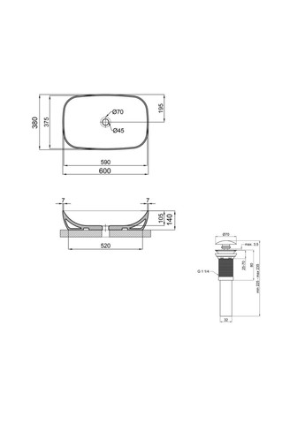 Комплект Cardinal: Раковина накладна 600x380x140 мм, White, овальна + Донний клапан Pop-up PU02 Qtap QT04116257W48465 (346492725)