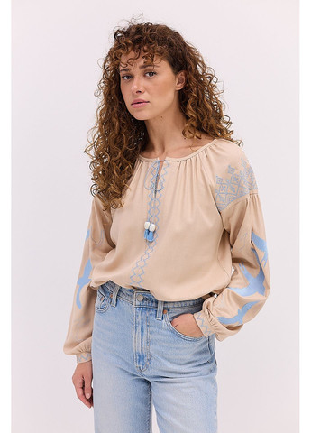 Бежева жіноча вишиванка бежева з блакитними ластівками гладдю Arjen льон (361056833)