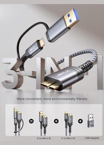 Кабель USB 3.1 USB A/C Male to Micro B Male 20Gbps 0.5м grey Jsaux (308849334)