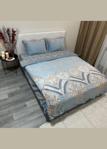 Теплий набір велюрової постільної блакитного кольору євро розмір з малюнком. Сучасна якісна постільна білизна No Brand (316591514)